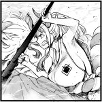  1girl armpits black_border border breasts clenched_hand clenched_teeth club_(weapon) commentary curled_horns earrings floating_hair from_side greyscale hair_ornament hair_stick hakama henriiku_(ahemaru) holding holding_club holding_weapon horns huge_breasts japanese_clothes jewelry kanabou kimono long_hair monochrome one_piece oni ponytail rope sideboob skirt sleeveless sleeveless_kimono solo teeth very_long_hair weapon yamato_(one_piece) 
