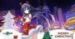  1girl animal_ears bare_back choker christmas christmas_tree city closed_mouth date_a_live date_a_live:_spirit_pledge deer_ears dress eyebrows_visible_through_hair fake_animal_ears gift gloves long_hair looking_at_viewer night night_sky no_panties official_art purple_eyes purple_hair red_dress red_gloves red_ribbon ribbon ribbon_choker santa_costume sky smile solo yatogami_tooka 