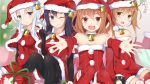  4girls akatsuki_(kancolle) bare_shoulders bell black_gloves black_hair black_legwear blue_eyes brown_eyes brown_hair candy candy_cane christmas christmas_tree commentary detached_sleeves dress elbow_gloves failure_penguin fang food gift gloves hat hibiki_(kancolle) highres ikazuchi_(kancolle) inazuma_(kancolle) kantai_collection long_hair miss_cloud multiple_girls nahaki off_shoulder one_eye_closed open_mouth pantyhose purple_eyes red_dress red_legwear santa_costume santa_hat shawl short_hair silver_hair sitting smile thighhighs 