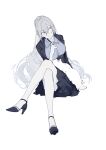  1girl absurdres animal bangs black_footwear black_jacket black_skirt blue_shirt bronya_zaychik bronya_zaychik_(silver_wing) cat closed_mouth crossed_legs drill_hair formal full_body grey_eyes grey_hair hair_between_eyes high_heels highres honkai_(series) honkai_impact_3rd invisible_chair jacket long_hair long_sleeves nnikko office_lady polo_shirt shirt simple_background sitting skirt solo white_background 