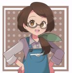  1girl :d blue_overalls border brown_background brown_eyes brown_hair buttons chocomiru collared_shirt commentary dress_shirt english_commentary galar_mother glasses green_ribbon grey-framed_eyewear grey_shirt hair_ribbon happy long_hair looking_at_viewer mature_female open_mouth outside_border overalls pokemon pokemon_(game) pokemon_swsh polka_dot polka_dot_background ribbon semi-rimless_eyewear shirt smile solo under-rim_eyewear white_border 