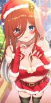  blue_eyes breasts brown_hair christmas christmas_tree cleavage gift go-toubun_no_hanayome hat heart highres iwaoba large_breasts lingerie long_hair looking_at_viewer midriff nakano_miku santa_costume santa_hat thighhighs thighs underwear 