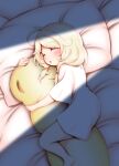  ahoge bed blonde_hair blush closed_eyes dakimakura_(object) highres hosizora_mikoto idolmaster long_hair lying object_hug on_side open_mouth oversized_clothes oversized_shirt pillow pillow_hug shirt sleeping t-shirt twintails white_shirt yusa_kozue 