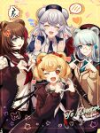  4girls :d ^_^ anger_vein animal_ears arknights bangs bear_ears beret black_jacket blonde_hair blue_eyes blue_jacket blue_nails blue_necktie blunt_bangs brown_hair candy_hair_ornament cardigan choker closed_eyes collarbone commentary_request english_text food-themed_hair_ornament fur-trimmed_jacket fur_collar fur_trim green_necktie gummy_(arknights) hair_ornament hands_up hat heart heart_hands highres istina_(arknights) jacket long_hair long_sleeves looking_at_viewer multicolored_hair multiple_girls neckerchief necktie nicole_(lion) one_eye_closed open_clothes open_jacket red_eyes red_hair red_headwear red_nails red_neckerchief rosa_(arknights) sailor_collar shirt short_hair skirt smile speech_bubble star_(symbol) star_hair_ornament streaked_hair sweatdrop upper_body ursus_empire_logo white_neckerchief white_shirt wing_collar zima_(arknights) 