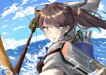  1girl absurdres amporn arrow_(projectile) blue_sky bow_(weapon) brown_eyes brown_gloves brown_hair cloud day flight_deck gloves highres japanese_clothes kaga_(kancolle) kantai_collection long_hair muneate outdoors quiver rigging short_sidetail side_ponytail sky solo tasuki weapon 