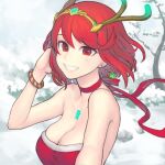  absurdres antler_ornament bangs breasts chest_jewel christmas cleavage earrings gem gofelem headpiece highres jewelry large_breasts pyra_(xenoblade) red_eyes red_hair santa_dress short_hair smile snow swept_bangs xenoblade_chronicles_(series) xenoblade_chronicles_2 