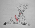  anthro antlers balls black_and_white capreoline cervid concerned erection genitals graphite_(artwork) hi_res hooves horn looking_down male mammal monochrome on_ground pencil_(artwork) penis red_nose red_penis reindeer rudolph_the_red_nosed_reindeer sitting_up solo traditional_media_(artwork) vike_mike 