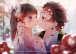  1boy 1girl bangs blunt_bangs blurry blush brown_hair butterfly_hair_ornament camellia checkered_haori commentary_request earrings eyebrows_behind_hair flower framed hair_flower hair_ornament hand_up hetero highres imminent_kiss japanese_clothes jewelry kamado_tanjirou kimetsu_no_yaiba kimono long_hair looking_at_another parted_lips purple_eyes red_eyes scar scar_on_face scar_on_forehead side_ponytail signature tsuyuri_kanao violet_viora 