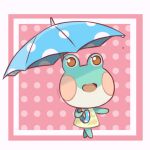  1girl animal_crossing chocomiru dress frog frog_girl green_skirt lily_(animal_crossing) personification skirt solo umbrella 