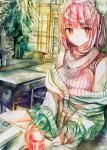  1girl absurdres alternate_costume breasts bun_cover casual commentary_request cup double_bun highres ibaraki_kasen kamu_kotan large_breasts light_smile looking_at_viewer off_shoulder painting_(medium) pink_eyes pink_hair short_hair solo table touhou traditional_media watercolor_(medium) 