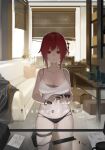  1girl absurdres ass breasts cleavage couch danzir dated desk gun highres holding holding_weapon indoors large_breasts looking_down original panties red_eyes red_hair short_hair solo standing thigh_strap thighs underwear weapon 