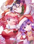  1boy 2girls alternate_costume bangs bernadetta_von_varley black_hair breasts brown_eyes christmas cleavage_cutout clothing_cutout felix_hugo_fraldarius fire_emblem fire_emblem:_three_houses fire_emblem_heroes hat highres hilda_valentine_goneril large_breasts liefe multiple_girls official_alternate_costume one_eye_closed pink_eyes pink_hair purple_eyes purple_hair santa_costume santa_hat yellow_eyes 