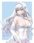  1girl absurdres bangs bare_shoulders breasts bridal_veil cleavage clothing_cutout collar detached_sleeves dress facial_mark flower girls&#039;_frontline green_eyes headdress highres hk416_(girls&#039;_frontline) large_breasts lillly navel navel_cutout solo standing veil wedding_dress white_hair 