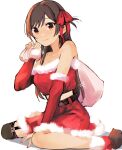  1girl bare_shoulders belt boots bow brown_hair carrying detached_sleeves fur-trimmed_sleeves fur_trim garter_straps hair_bow highres kanojo_okarishimasu long_sleeves looking_at_viewer midriff mizuhara_chizuru red_bow red_eyes red_skirt sack santa_costume seiza sen_izm simple_background sitting skirt smile thighhighs white_background 