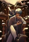  1boy 1girl akutoku_no_judgement_(vocaloid) artist_name balance_scale blue_hair blurry bracelet coin crossed_legs curly_hair depth_of_field evil_eyes evil_smile evillious_nendaiki fingerless_gloves fingernails fishnet_sleeves gallerian_marlon gloves gumi head_rest hidden_face highres jewelry judge kaito_(vocaloid) long_fingernails long_sleeves male_focus money money_gesture money_rain nemesis_sudou nokuhashi red_nails sharp_fingernails short_hair signature sitting skull smile smirk solo_focus throne vocaloid weighing_scale 