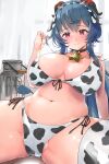  1girl absurdres ahoge animal_ears animal_print bangs bell bikini blue_hair blush bottle breasts cleavage closed_mouth collarbone commentary_request cow_ears cow_girl cow_hair_ornament cow_horns cow_print cow_tail cowbell embarrassed eyebrows_visible_through_hair ganyu_(genshin_impact) genshin_impact hair_between_eyes highres horns kntrs_(knyrs) large_breasts long_hair looking_at_viewer milk_bottle navel neck_bell partially_visible_vulva print_bikini red_eyes side-tie_bikini solo spread_legs swimsuit tail thighhighs thighs white_bikini window 