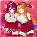  2girls ahoge alternate_costume black_horns breasts candy candy_cane christmas clenched_teeth dasdokter dragon_girl dragon_horns dragon_tail dress elbow_gloves eyebrows eyebrows_visible_through_hair fang food gloves heterochromia highres hololive hololive_english horns irys_(hololive) kiryu_coco large_breasts medium_breasts multicolored_hair multiple_girls open_mouth orange_hair pink_background pointy_ears purple_eyes purple_hair red_dress red_gloves red_hair red_legwear santa_dress smile streaked_hair tail teeth thighhighs thighs virtual_youtuber 