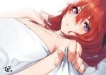  1girl bangs bed_sheet beeeeen blanket blush breasts collarbone eyelashes fingernails from_side hair_between_eyes highres last_origin lips long_hair looking_at_viewer looking_to_the_side lying may_of_doom mole mole_on_breast naked_sheet on_back on_bed purple_eyes red_hair sheet_grab solo under_covers white_background 