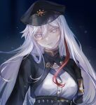  1girl 86_-eightysix- armband b.s_(fwpt2745) black_headwear black_jacket copyright_name dress_shirt grey_eyes hair_between_eyes hat highres jacket long_hair looking_at_viewer military_hat multicolored_hair parted_lips red_hair shirt silver_hair solo streaked_hair underbust upper_body very_long_hair vladilena_millize white_shirt 