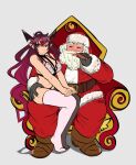  1boy 1girl bangs beard blue_eyes bra christmas cigar facial_hair gloves hat heterochromia highres hololive hololive_english horns irys_(hololive) lingerie long_hair looking_away multicolored_hair panties peagade pointy_ears pout purple_eyes purple_hair santa_claus santa_costume santa_hat sitting sitting_on_lap sitting_on_person smile thighhighs throne underwear underwear_only virtual_youtuber white_hair 