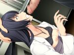  1boy 1girl bangs black_bra black_hair bra bra_lift breasts censored clenched_teeth collarbone dutch_angle game_cg hair_between_eyes hand_on_another&#039;s_head hototogisu imminent_fellatio indoors jewelry labcoat long_hair long_sleeves medium_breasts mosaic_censoring nipples pendant penis profile sakurajima_saromako scared shigino_fubuki shiny shiny_hair teeth underwear 