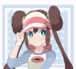  1girl adjusting_clothes adjusting_headwear arm_up blue_background blue_eyes border bow brown_hair chocomiru closed_mouth commentary double_bun doughnut_hair_bun english_commentary hand_up happy long_hair looking_at_viewer outside_border poke_ball_print pokemon pokemon_(game) pokemon_bw2 polka_dot polka_dot_background raglan_sleeves rosa_(pokemon) smile solo twintails upper_body visor_cap white_border 