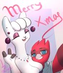  alpaca anthro avian avio camelid christmas clothed clothing duo ear_piercing female happy hi_res holidays jewelry looking_at_viewer male mammal mommy_alpaca piercing romantic romantic_couple sclyre selfie simple_background smile text wave 