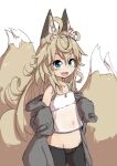  1girl :d ahoge animal_ear_fluff animal_ears bangs blue_eyes blush earrings eyebrows_visible_through_hair fox_ears fox_girl fox_tail hair_between_eyes highres jewelry kazekiri kitsune light_brown_hair long_hair looking_at_viewer monochrome_background multiple_tails navel original paw_print see-through simple_background smile solo tail teeth upper_teeth white_background 