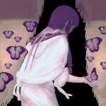  1girl bangs black_background blunt_bangs bug butterfly capelet curtains highres hood hooded_capelet long_hair looking_down low_tied_hair no_lineart patchouli_knowledge purple_eyes purple_hair sidelocks sly930105 solo standing touhou upper_body very_long_hair 