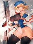  1girl bare_shoulders beret black_legwear blazblue blonde_hair blue_headwear bolverk breasts covered_nipples cowboy_shot dual_wielding eyebrows full_body fumio_(rsqkr) gloves green_eyes hat highres holding leotard medium_breasts noel_vermillion solo thick_thighs thighhighs thighs white_background white_gloves 