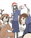  3girls animal_costume antlers asakusa_midori bell black_eyes black_hair black_legwear blue_skirt brown_eyes brown_hair cake eating eizouken_ni_wa_te_wo_dasu_na! fake_antlers food fork freckles fruit glasses grey_eyes grin hair_between_eyes hair_ornament hat henriiku_(ahemaru) holding holding_fork holding_plate kanamori_sayaka mizusaki_tsubame multiple_girls pantyhose plate reindeer_antlers reindeer_costume santa_hat school_uniform simple_background skirt smile strawberry strawberry_shortcake tablet_pc utensil_in_mouth white_background 