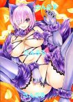  1girl :d animal_ears blush claw_pose elbow_gloves eyes_visible_through_hair fate/grand_order fate_(series) fur-trimmed_gloves fur-trimmed_legwear fur_bikini fur_collar fur_trim gloves jack-o&#039;-lantern lace-trimmed_legwear lace_trim looking_at_viewer marker_(medium) mash_kyrielight mash_kyrielight_(dangerous_beast) o-ring o-ring_top purple_gloves purple_legwear purple_tail revealing_clothes short_hair smile solo tail traditional_media wolf_ears wolf_tail yqgkg 