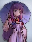  1girl bags_under_eyes blue_bow bow cookie_(touhou) dress flat_chest hair_bow jigoku_no_soko_de_coffee_wo_nomu_neko patchouli_knowledge purple_dress purple_eyes purple_hair purple_umbrella rain red_bow smoke solo star_(symbol) striped striped_dress taisa_(cookie) touhou umbrella yocchan_foods 