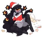  1girl anus black_hair blush bottomless breasts candy colored_sclera cyclops extra_eyes food gazer_(monster_girl_encyclopedia) hat long_hair looking_at_viewer monster_girl monster_girl_encyclopedia naughty_face nose_blush one-eyed presenting pussy red_eyes rtil santa_costume santa_hat simple_background sitting solo spread_legs tentacles very_long_hair white_background yellow_sclera 