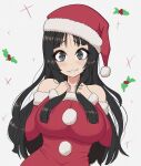  1girl akiyama_mio bare_shoulders black_eyes black_hair blush breasts collarbone hat heart heart-shaped_pupils highres k-on! large_breasts long_hair looking_at_viewer parted_lips red_headwear santa_costume santa_hat smile solo symbol-shaped_pupils upper_body young_savage 