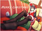  1girl animal_ears armpits arms_up bangs black_hair black_legwear blurry blurry_background blurry_foreground breasts cat_ears cat_tail christmas depth_of_field detached_sleeves fur_trim green_eyes highres indoors karyl_(princess_connect!) langbazi long_hair looking_at_viewer low_twintails lying merry_christmas multicolored_hair panties princess_connect! santa_dress small_breasts solo streaked_hair striped striped_panties tail thighhighs twintails underwear 