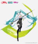  1girl blue_eyes blue_hair commentary covered_navel crypton_future_media eyebrows_visible_through_hair flag flagpole full_body gloves goodsmile_racing hair_between_eyes hatsune_miku highres holding holding_flag long_hair long_sleeves looking_at_viewer neco official_art open_mouth piapro racing_miku racing_miku_(2022) single_thighhigh solo teeth thighhighs tongue twintails very_long_hair vocaloid 