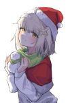  1girl absurdres ahoge arknights blush fur-trimmed_headwear green_scarf hair_ornament hat highres holding long_sleeves looking_at_viewer one_side_up parted_lips polyvora red_headwear santa_hat scarf scene_(arknights) shirt short_hair silver_hair simple_background snow_on_face snow_on_head snow_sculpture solo star_(symbol) star_hair_ornament upper_body white_background white_shirt yellow_eyes 