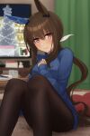  1girl absurdres admire_vega_(umamusume) bangs black_legwear blue_sweater blurry blurry_background blush bowl breasts brown_hair calendar_(object) carpet commentary_request curtains ear_covers hand_on_own_chest heart heart_pillow highres horse_girl indoors inuyabu_cc knees_up light_blush lips long_hair medium_breasts pantyhose pillow plate ponytail purple_eyes sidelocks sitting smile solo sweater table television umamusume 
