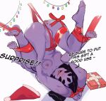  1girl :d arthropod_girl ass black_eyes black_hair box breasts christmas colored_skin english_text extra_arms extra_eyes gift gift_box hat hat_removed headwear_removed monster_girl muffet naked_ribbon nipples purple_skin ribbon samma9 santa_hat simple_background smile solo spider_girl suspension twintails undertale upside-down white_background 