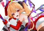  1girl artist_name black_legwear blonde_hair blush christmas commentary crystal flandre_scarlet gloves gotou_(nekocat) hair_between_eyes hat highres long_hair one_side_up open_mouth pointy_ears pom_pom_(clothes) red_eyes red_gloves red_headwear santa_costume santa_hat signature simple_background smile solo thighhighs touhou white_background wings 