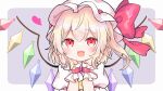  1girl :d blonde_hair blush crystal fang flandre_scarlet hands_on_own_cheeks hands_on_own_face hat highres looking_at_viewer mob_cap one_side_up pafe_haumen red_eyes short_hair simple_background smile solo touhou upper_body wings wrist_cuffs 