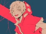  1boy :d clip_studio_paint_(medium) greatpengh highres hood hoodie kagerou_project kano_shuuya layered_sleeves long_sleeves male_focus monochrome official_style red_eyes short_over_long_sleeves short_sleeves smile solo spot_color 