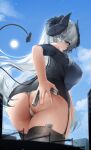  1girl absurdres ass black_legwear blue_sky blurry blurry_foreground breasts building cloud covered_nipples curled_horns day demon_girl demon_horns demon_tail eyebrows_visible_through_hair floating_hair flower flower_over_eye garter_straps giant giantess ground_vehicle hair_between_eyes hand_on_own_ass highres horns ka941 long_hair looking_at_viewer looking_back no_bra no_pants original outdoors panties rose short_sleeves silver_hair single_bare_shoulder skindentation sky sun tail thick_thighs thighhighs thighs train twisted_torso underwear white_panties 