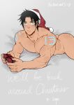  1boy ass bara bed black_hair body_markings box christmas closed_mouth earrings gift gift_box hat holding holding_gift jewelry large_pectorals looking_at_viewer lying male_focus muscular muscular_male nude on_bed on_stomach pectorals santa_hat short_hair solo steen_(the_devil_and_s-13) suyohara the_devil_and_s-13 yellow_eyes 