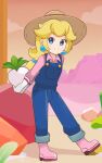  1girl alternate_costume blonde_hair blue_eyes blue_overalls boots brown_headwear chocomiru closed_mouth collared_shirt commentary earrings english_commentary eyebrows_visible_through_hair full_body gloves happy hat highres holding jewelry long_hair long_sleeves looking_at_viewer mario_(series) overalls pink_footwear pink_shirt princess_peach shirt smile solo super_mario_odyssey turnip white_gloves 