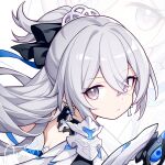  1girl :| armor armored_dress black_bow bow bronya_zaychik chinese_commentary closed_mouth commentary_request eyebrows_visible_through_hair grey_eyes hair_between_eyes hair_bow hair_ornament honkai_(series) honkai_impact_3rd long_hair looking_at_viewer quan_(kurisu_tina) red_pupils serious signature silver_hair solo tagme 