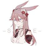  1girl absurdres animal_ears artist_name bangs bare_shoulders closed_mouth detached_sleeves flower fox_ears frilled_shirt frills hair_between_eyes hair_flower hair_ornament highres honkai_(series) honkai_impact_3rd jacket long_hair looking_at_viewer nnikko pink_hair purple_eyes red_flower red_jacket sample shirt simple_background smile solo white_background white_flower white_shirt yae_sakura 