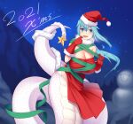  1girl 2021 :d aqua_hair blue_eyes blush breasts christmas cleavage commentary_request dress fur_collar gloves green_ribbon hat highres kokuyouseki lamia large_breasts long_hair looking_at_viewer monster_girl mountain night night_sky original red_dress red_gloves red_headwear ribbon santa_costume santa_hat sky smile snowman solo star_(sky) star_(symbol) starry_sky tree 