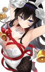  1girl absurdres bangs bell black_hair blue_eyes blush breasts christmas cleavage closed_mouth detached_collar gloves high_heels highres large_breasts looking_at_viewer looking_up original playboy_bunny ribbon simple_background smile solo tomocha_(tmc_tmc8) white_background white_gloves 